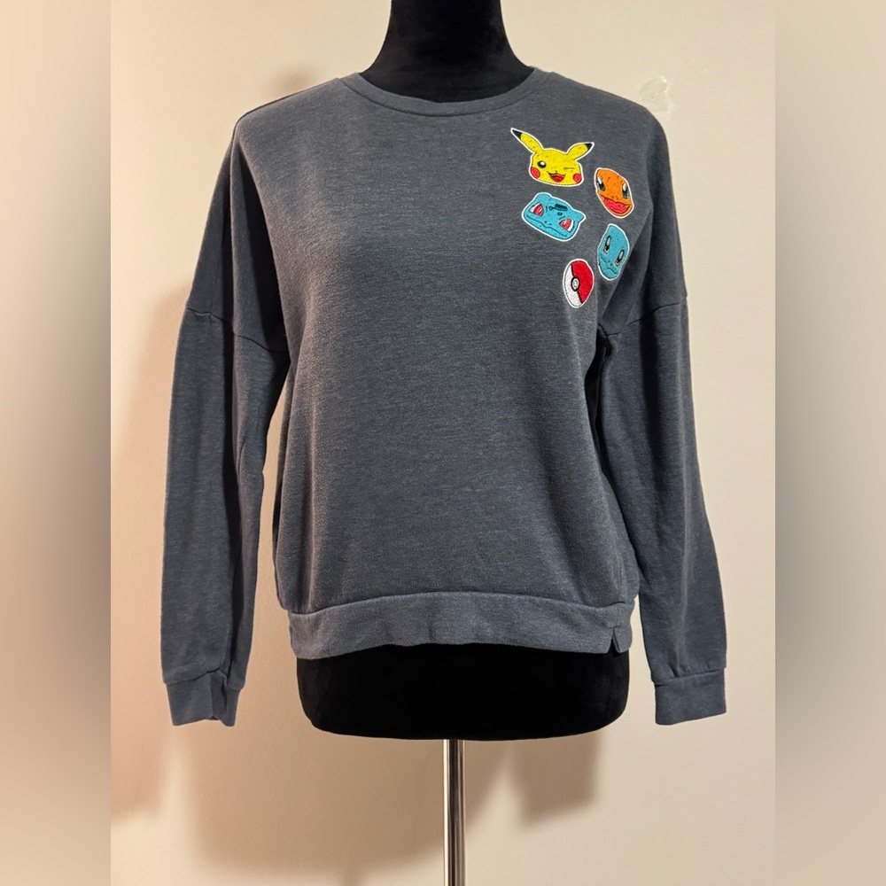 EUC Pokemon Gray Sweater with Pokemon Patches size medium